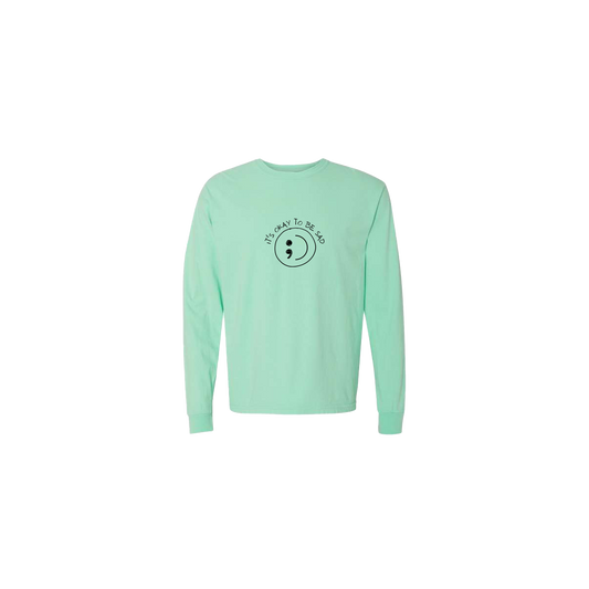 It's Okay to be Sad Embroidered Mint Long Sleeve Tshirt - Mental Health Awareness Clothing