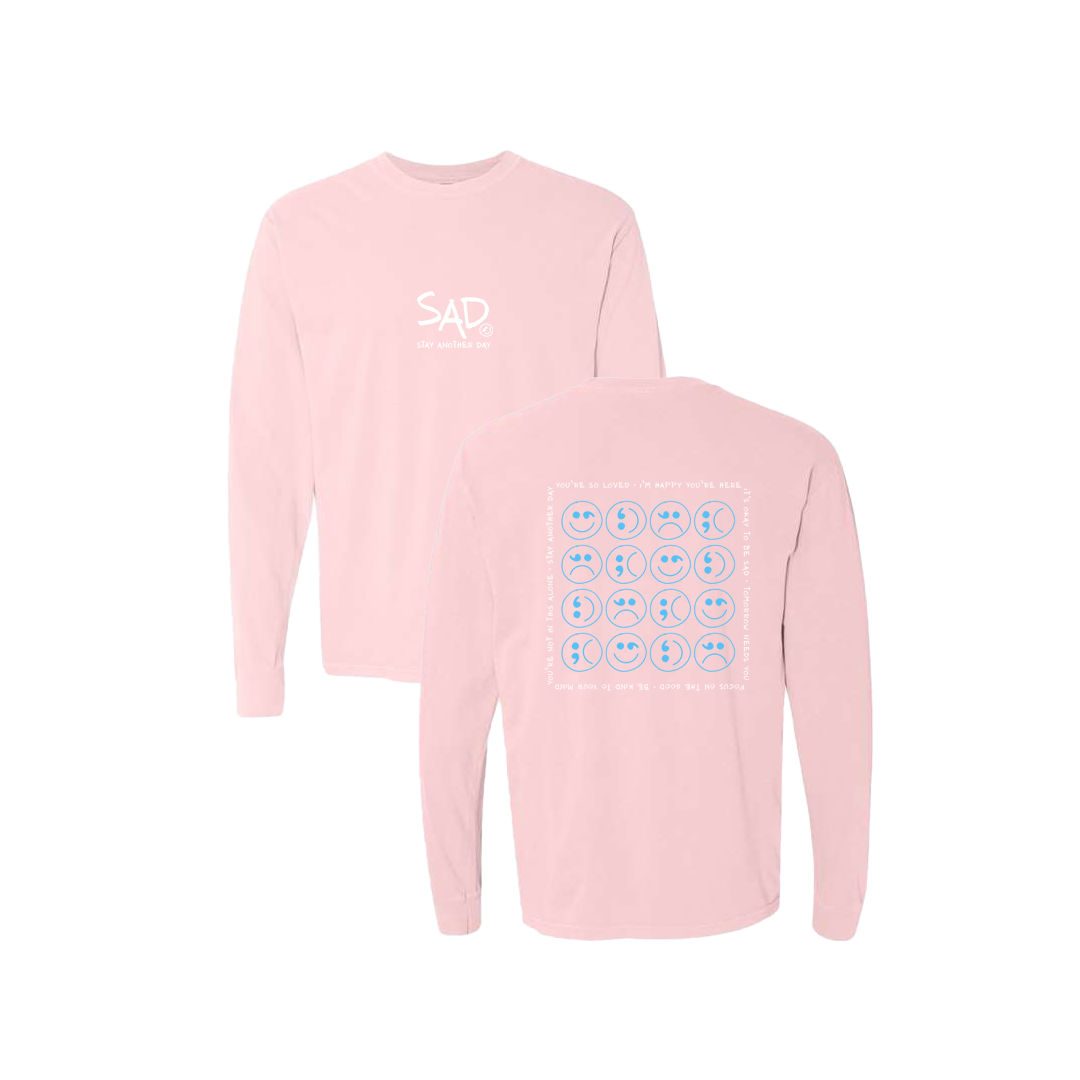 Multi Smiley Face Blue Screen Printed Pink Long Sleeve -   Mental Health Awareness Clothing