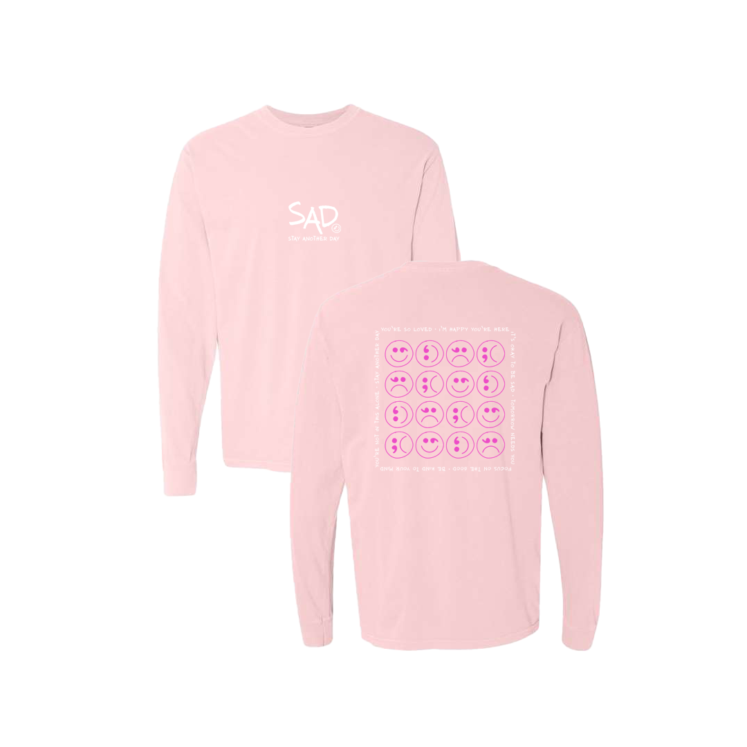 Multi Smiley Face Pink Screen Printed Pink Long Sleeve -   Mental Health Awareness Clothing