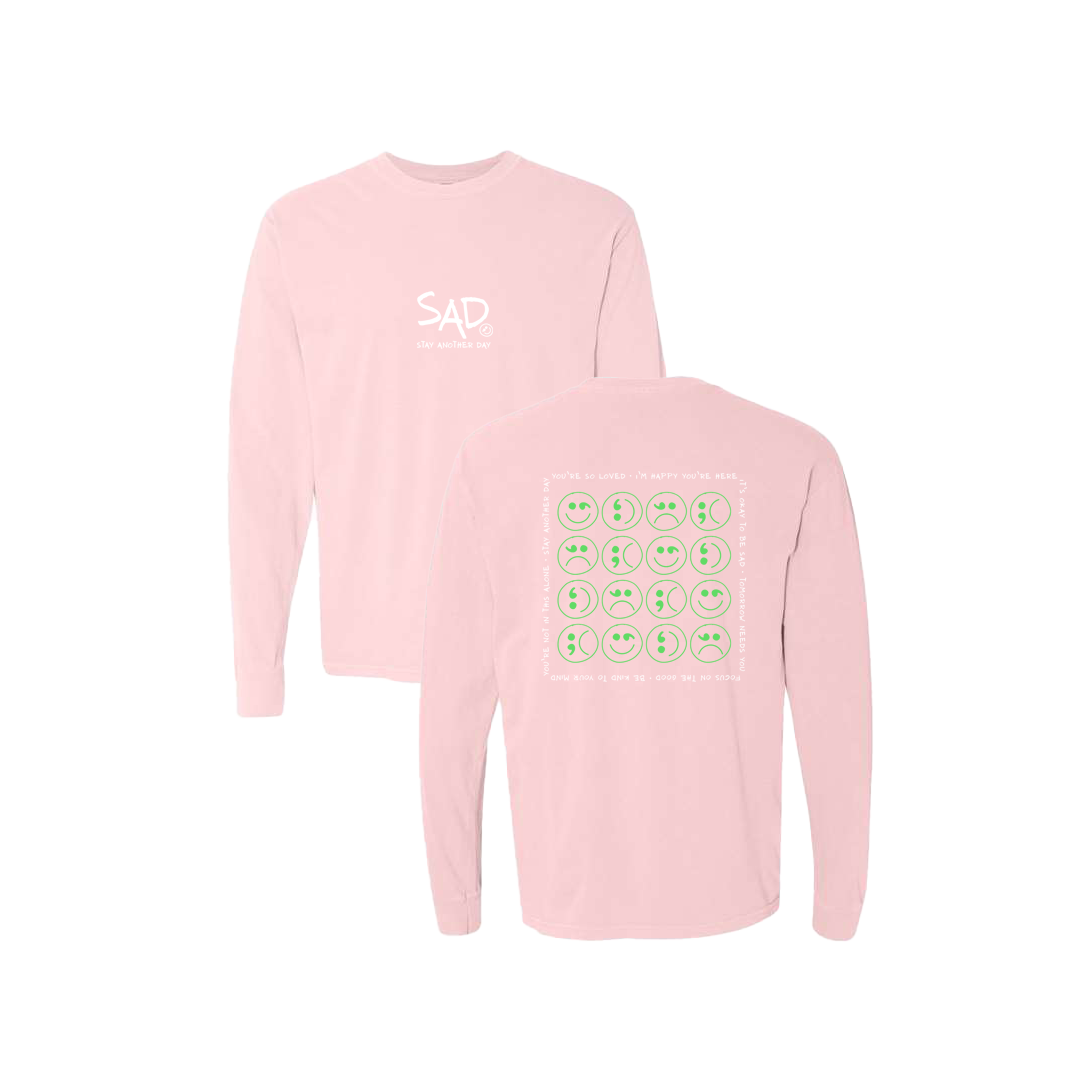 Multi Smiley Face Mint Screen Printed Pink Long Sleeve -   Mental Health Awareness Clothing