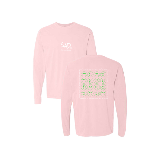 Multi Smiley Face Mint Screen Printed Pink Long Sleeve -   Mental Health Awareness Clothing