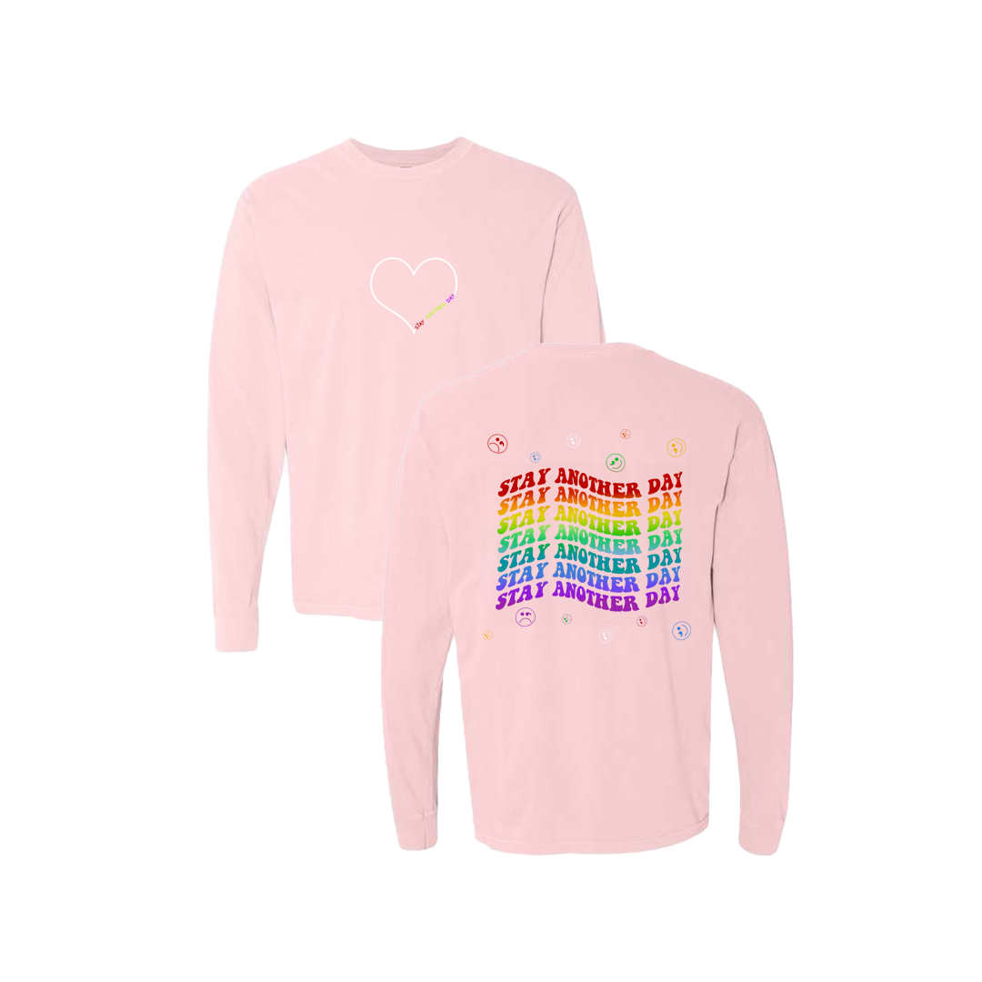 Stay Another Day Layered Rainbow Screen Printed Pink Long Sleeve -   Mental Health Awareness Clothing