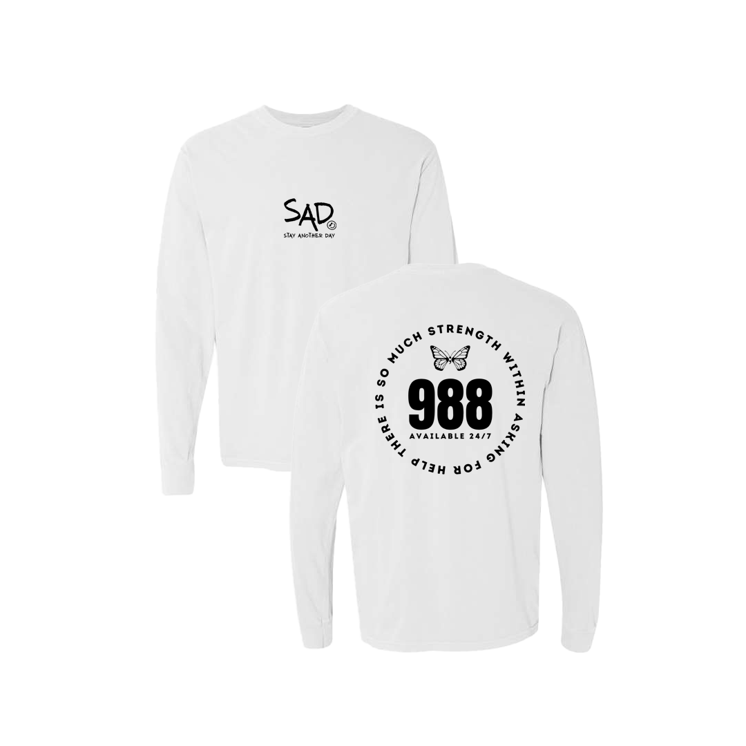 So Much Strength - Butterfly - 988 Screen Printed White Long Sleeve -   Mental Health Awareness Clothing