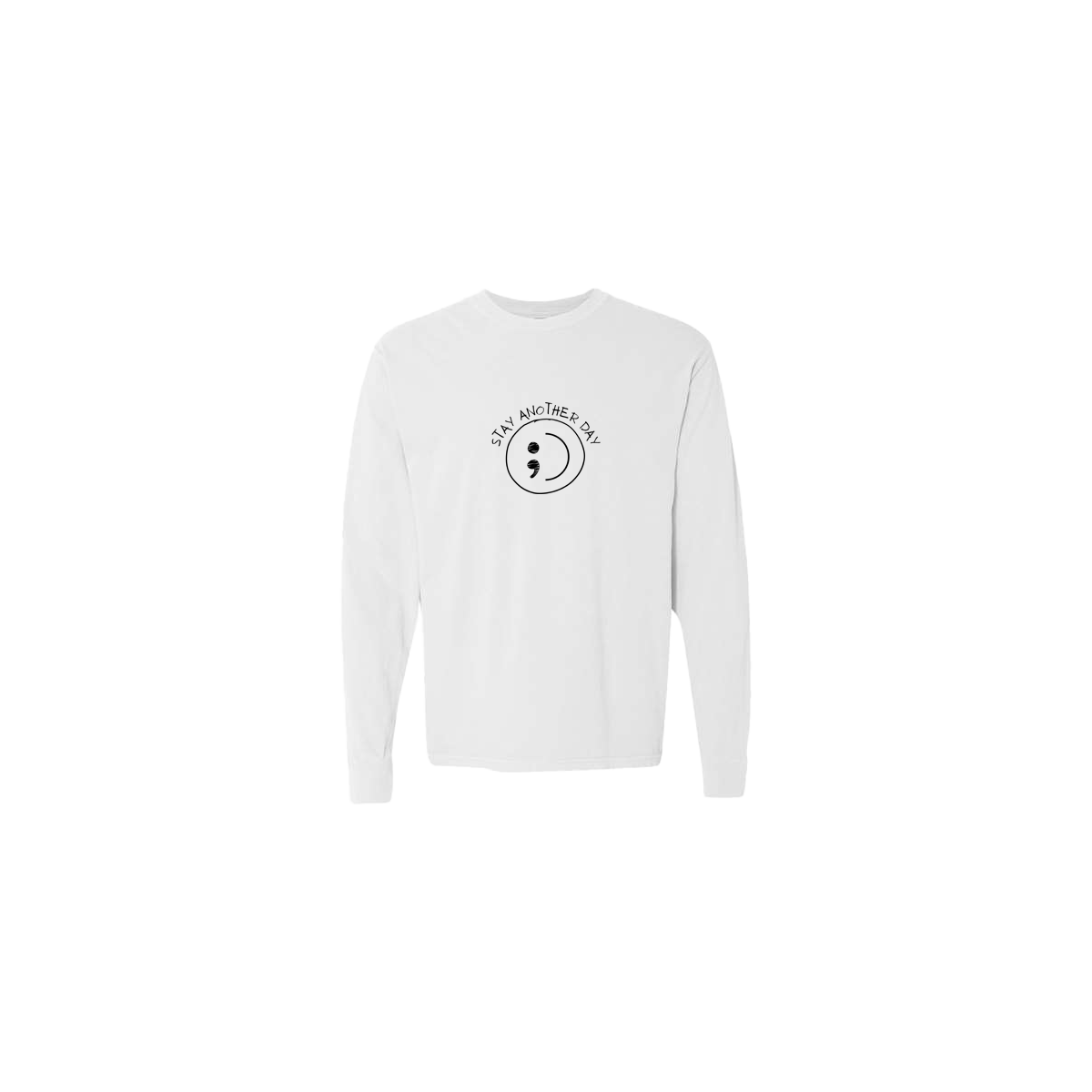 Stay Another Day Smiley Face Embroidered White Long Sleeve Tshirt - Mental Health Awareness Clothing