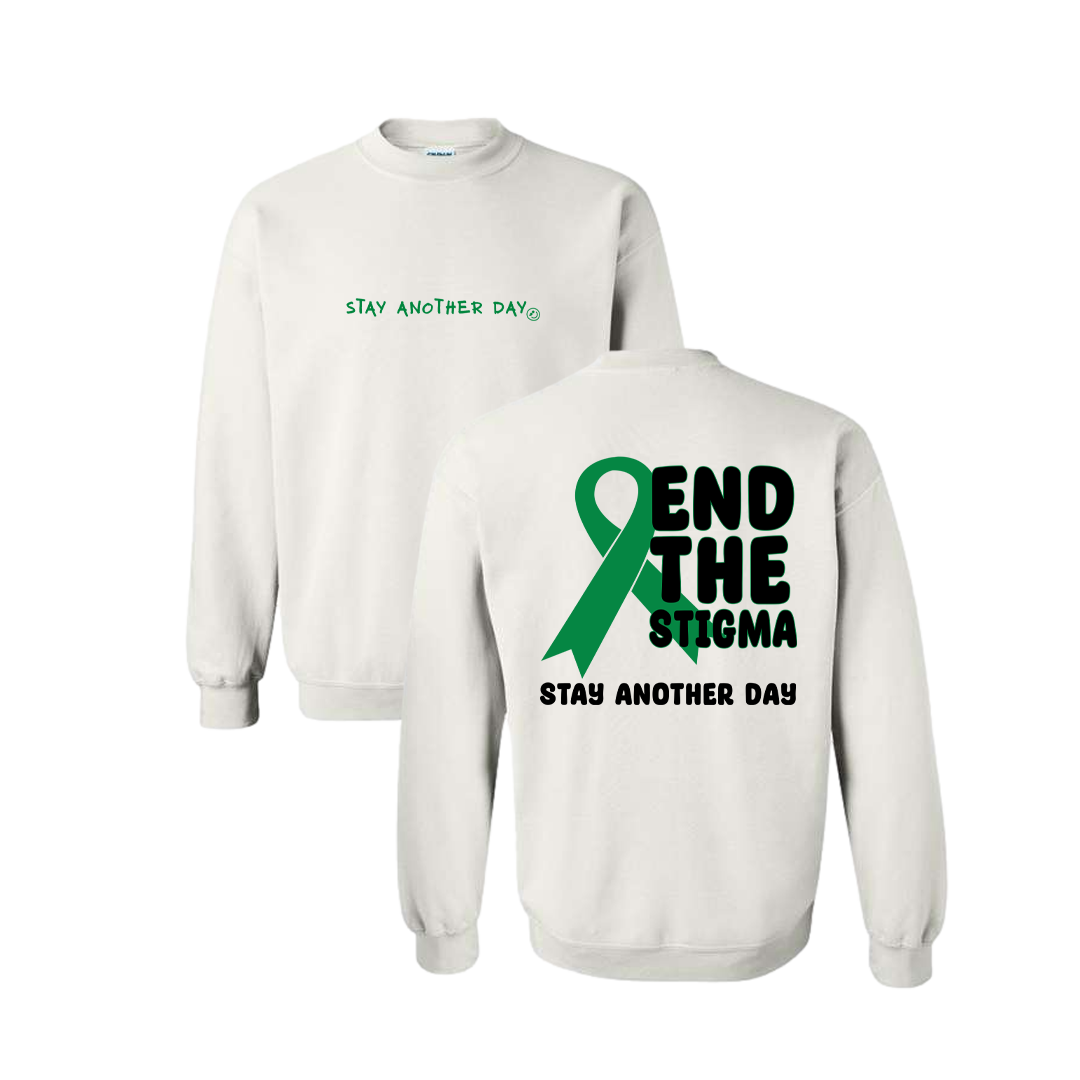 End The Stigma Mental Health Matters Green Ribbon on White Crewneck - May 2023 Monthly Exclusive