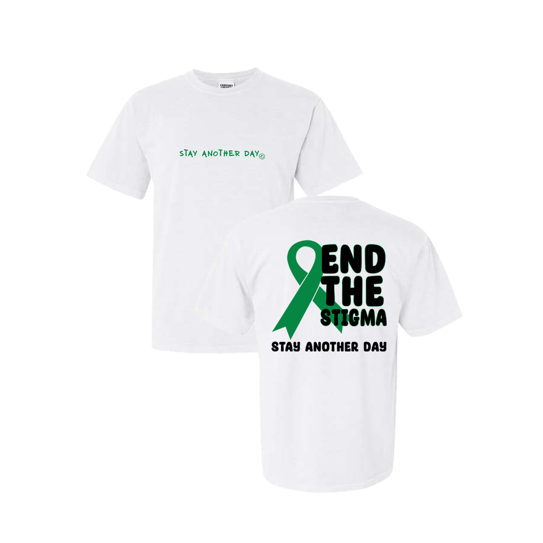 End The Stigma Mental Health Matters Green Ribbon on White Tshirt - May 2023 Monthly Exclusive