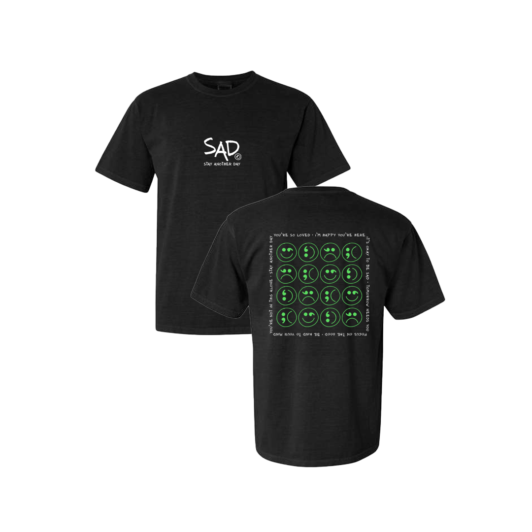 Multi Smiley Face Green Screen Printed Black T-shirt - Mental Health Awareness Clothing