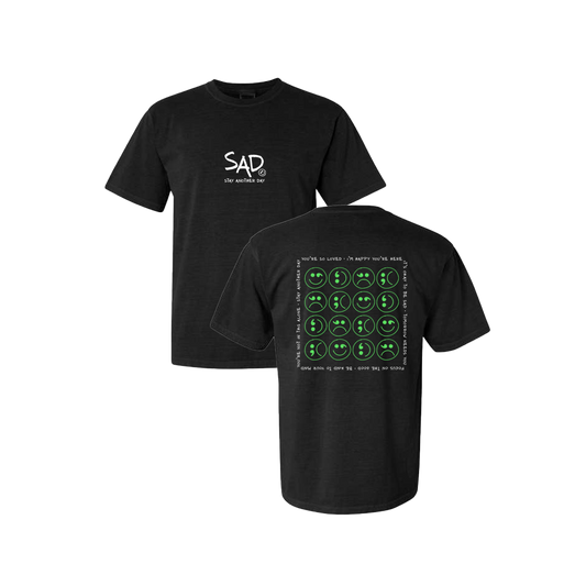 Multi Smiley Face Green Screen Printed Black T-shirt - Mental Health Awareness Clothing