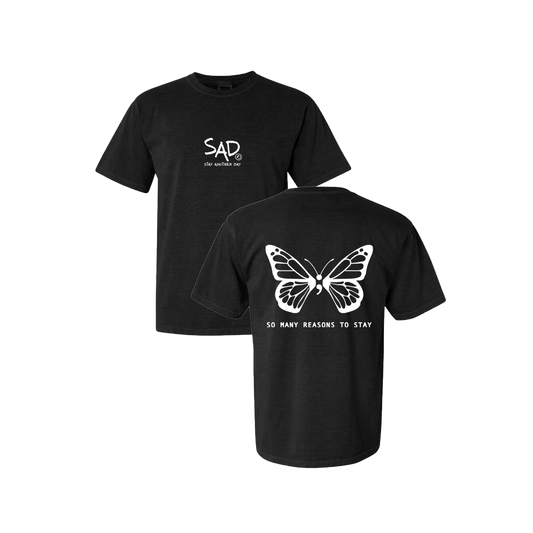 So Many Reasons To Stay Butterfly Screen Printed Black T-shirt - Mental Health Awareness Clothing