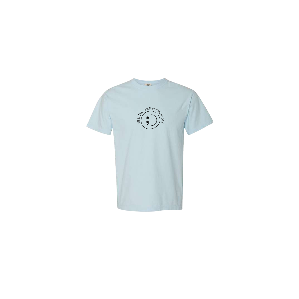 See the Good in Everyday Smiley Embroidered Light Blue Tshirt - Mental Health Awareness Clothing