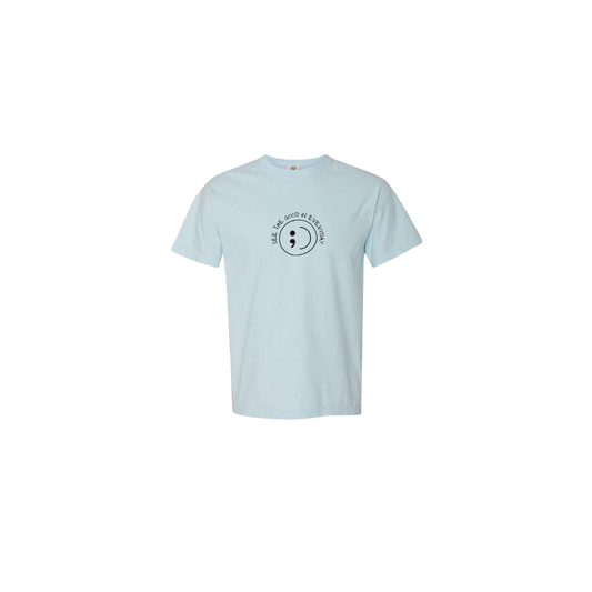 See the Good in Everyday Smiley Embroidered Light Blue Tshirt - Mental Health Awareness Clothing