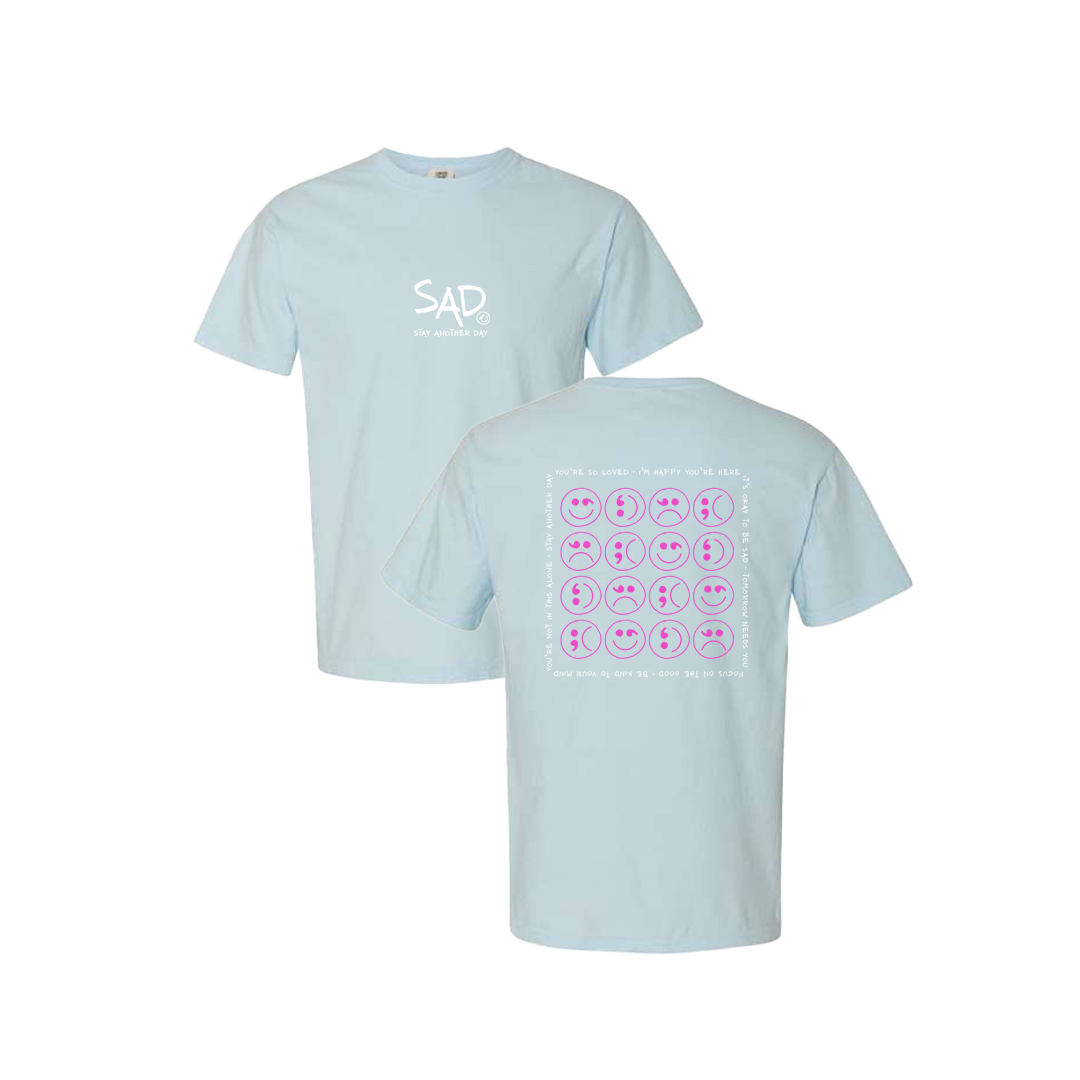Multi Smiley Face Pink Screen Printed Blue T-shirt - Mental Health Awareness Clothing