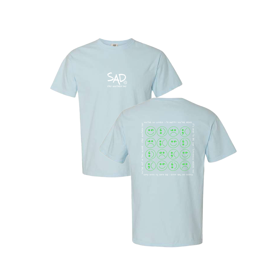 Multi Smiley Face Green Screen Printed Blue T-shirt - Mental Health Awareness Clothing