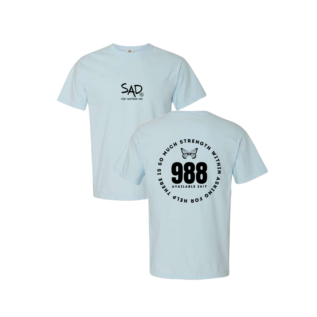 So Much Strength - Butterfly - 988 Screen Printed Blue T-shirt - Mental Health Awareness Clothing