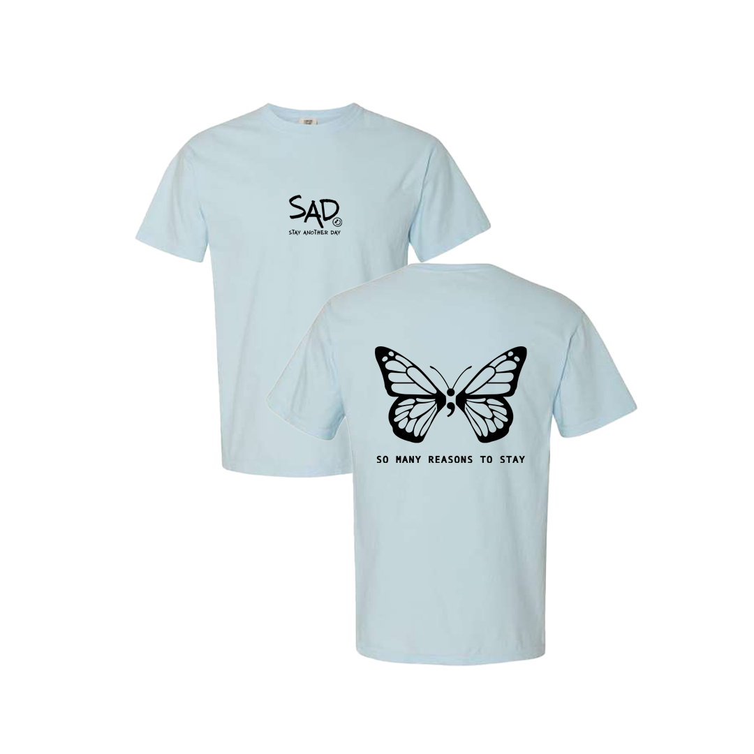 So Many Reasons To Stay Butterfly Screen Printed Blue T-shirt - Mental Health Awareness Clothing