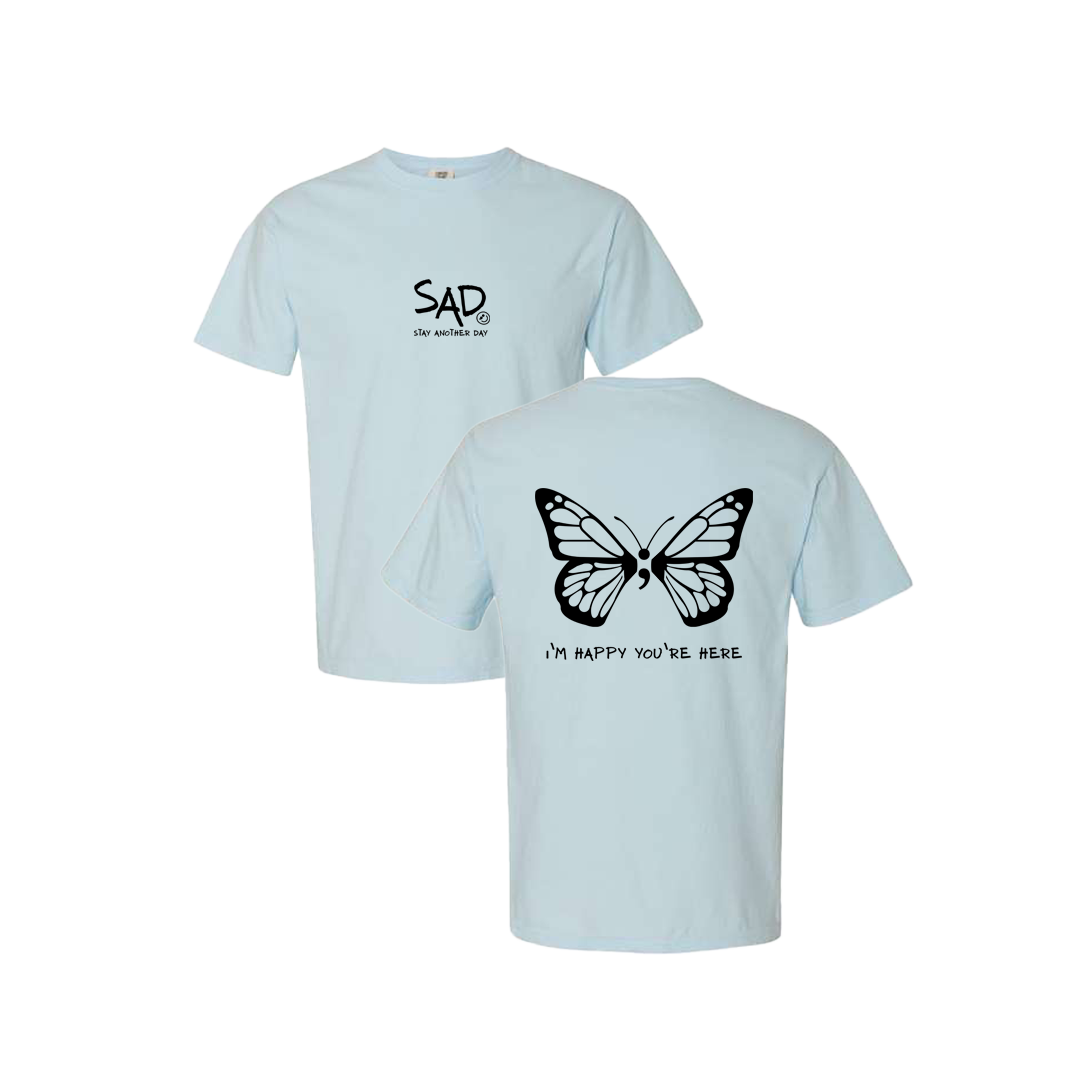 I'm Happy You're Here Butterfly Screen Printed Blue T-shirt - Mental Health Awareness Clothing
