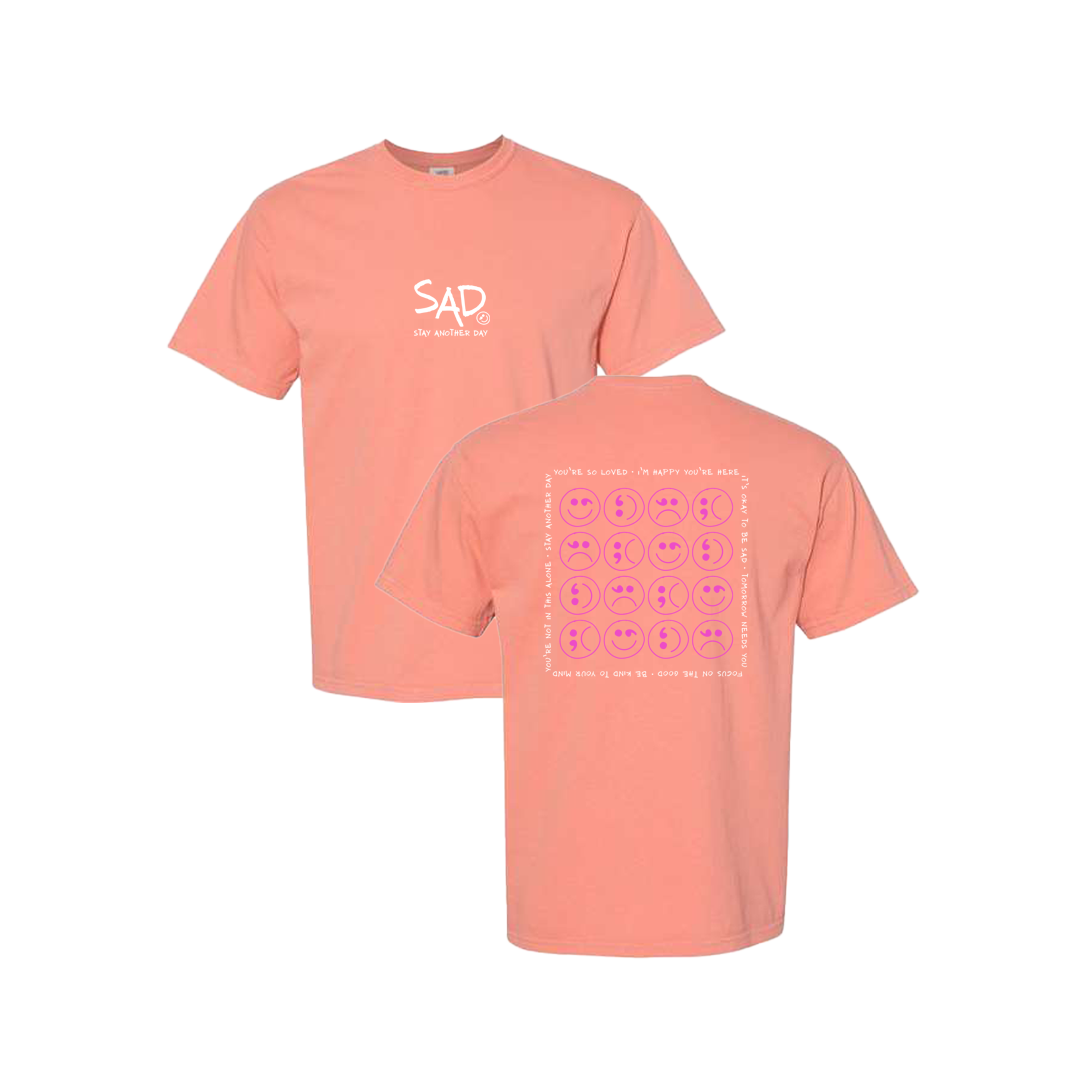 Multi Smiley Face Pink Screen Printed Coral T-shirt - Mental Health Awareness Clothing