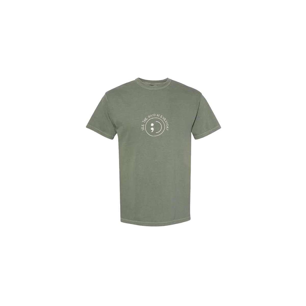 See the Good in Everyday Smiley Embroidered Army Green Tshirt - Mental Health Awareness Clothing