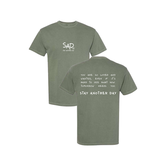Stay Another Day Message Screen Printed Army Green T-shirt - Mental Health Awareness Clothing