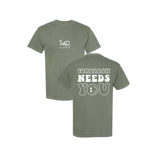 Tomorrow Needs You Screen Printed Army Green T-shirt - Mental Health Awareness Clothing