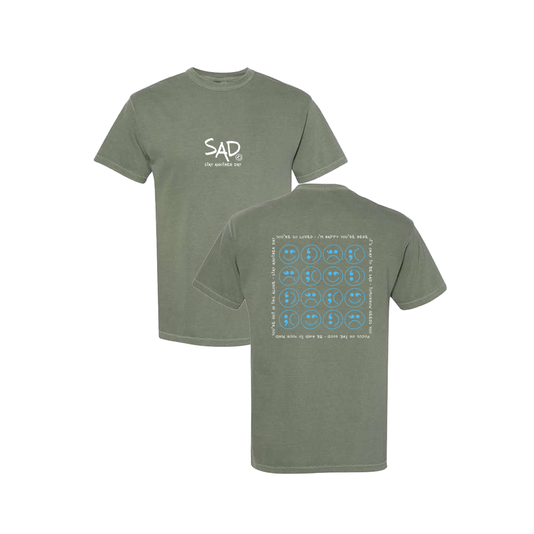 Multi Smiley Face Blue Screen Printed Army Green T-shirt - Mental Health Awareness Clothing