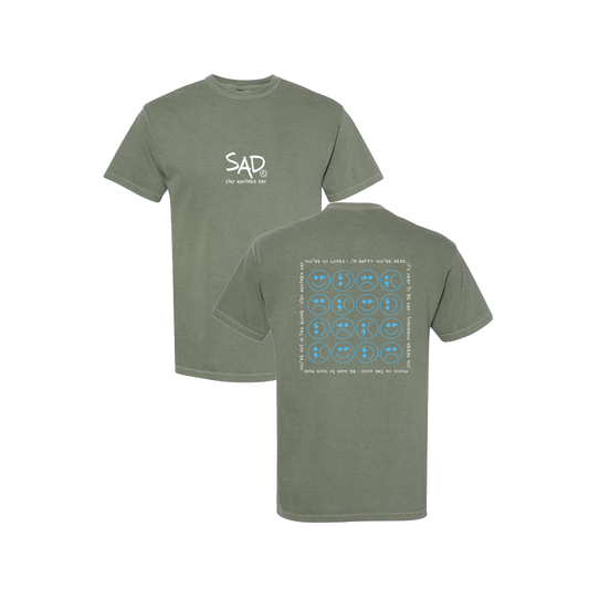 Multi Smiley Face Blue Screen Printed Army Green T-shirt - Mental Health Awareness Clothing