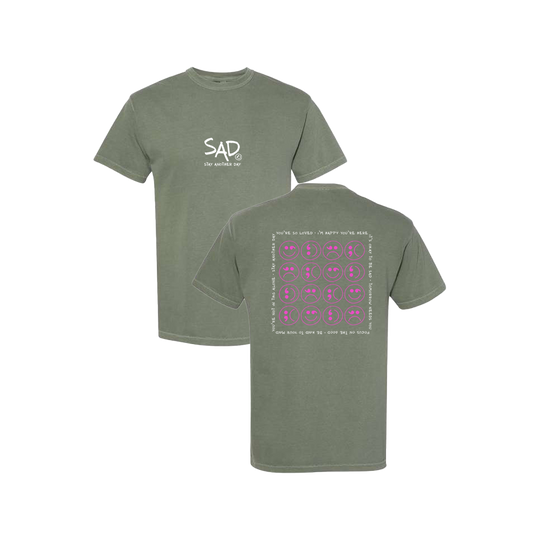 Multi Smiley Face Pink Screen Printed Army Green T-shirt - Mental Health Awareness Clothing