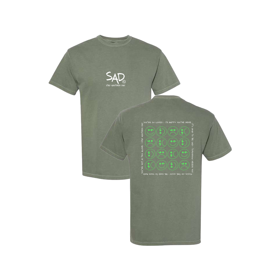 Multi Smiley Face Green Screen Printed Army Green T-shirt - Mental Health Awareness Clothing