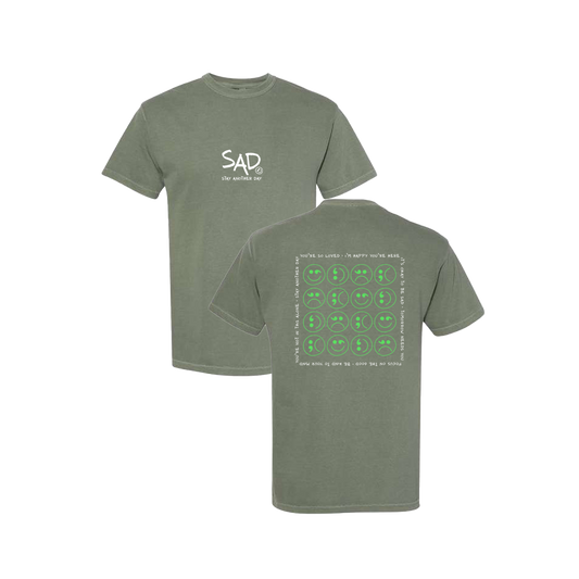 Multi Smiley Face Green Screen Printed Army Green T-shirt - Mental Health Awareness Clothing