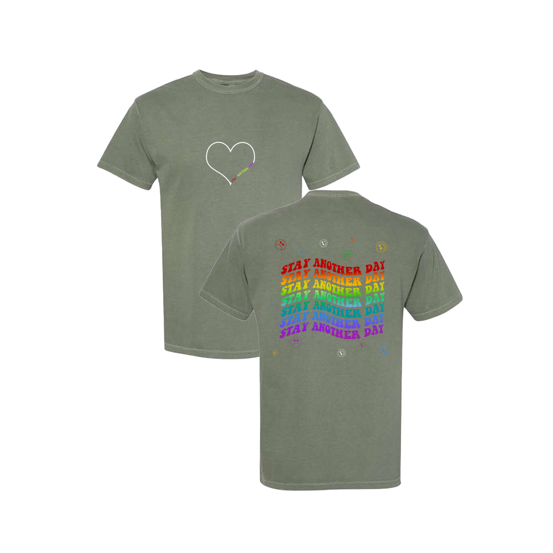 Stay Another Day Layered Rainbow Screen Printed Army Green T-shirt - Mental Health Awareness Clothing