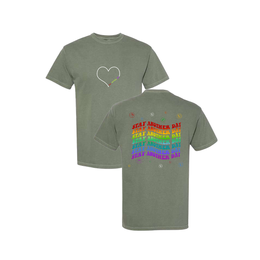Stay Another Day Layered Rainbow Screen Printed Army Green T-shirt - Mental Health Awareness Clothing