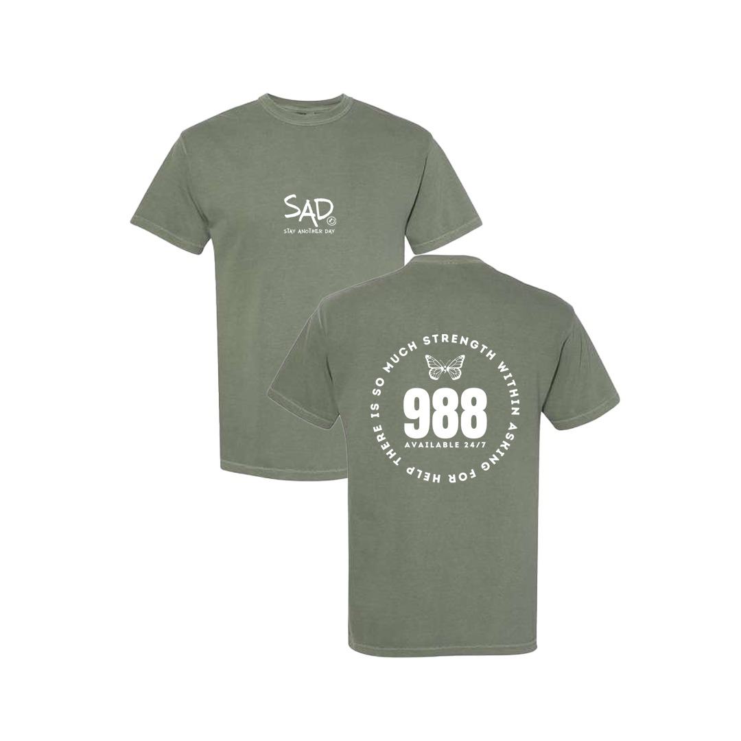 So Much Strength - Butterfly - 988 Screen Printed Army Green T-shirt - Mental Health Awareness Clothing