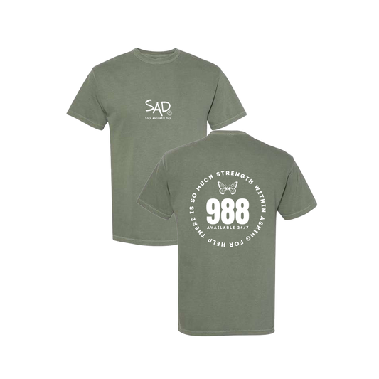 So Much Strength - Butterfly - 988 Screen Printed Army Green T-shirt - Mental Health Awareness Clothing