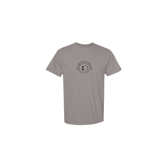 See the Good in Everyday Smiley Embroidered Grey Tshirt - Mental Health Awareness Clothing