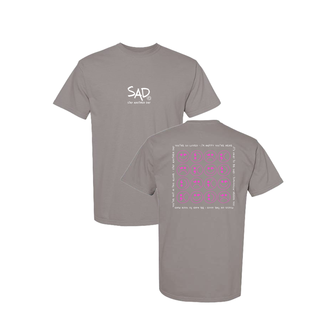 Multi Smiley Face Pink Screen Printed Grey T-shirt - Mental Health Awareness Clothing