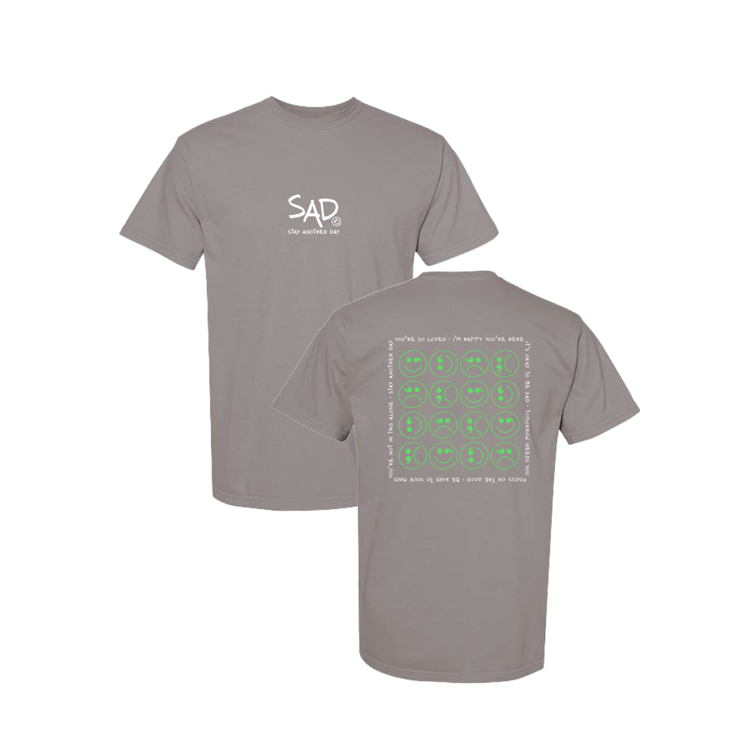 Multi Smiley Face Green Screen Printed Grey T-shirt - Mental Health Awareness Clothing