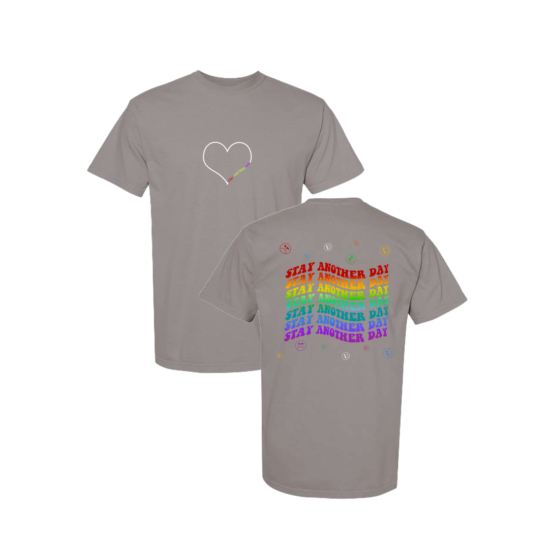 Stay Another Day Layered Rainbow Screen Printed Grey T-shirt - Mental Health Awareness Clothing