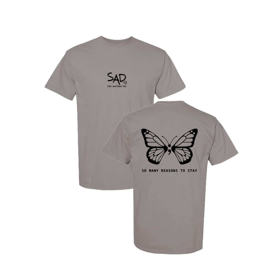 So Many Reasons To Stay Butterfly Screen Printed Grey T-shirt - Mental Health Awareness Clothing