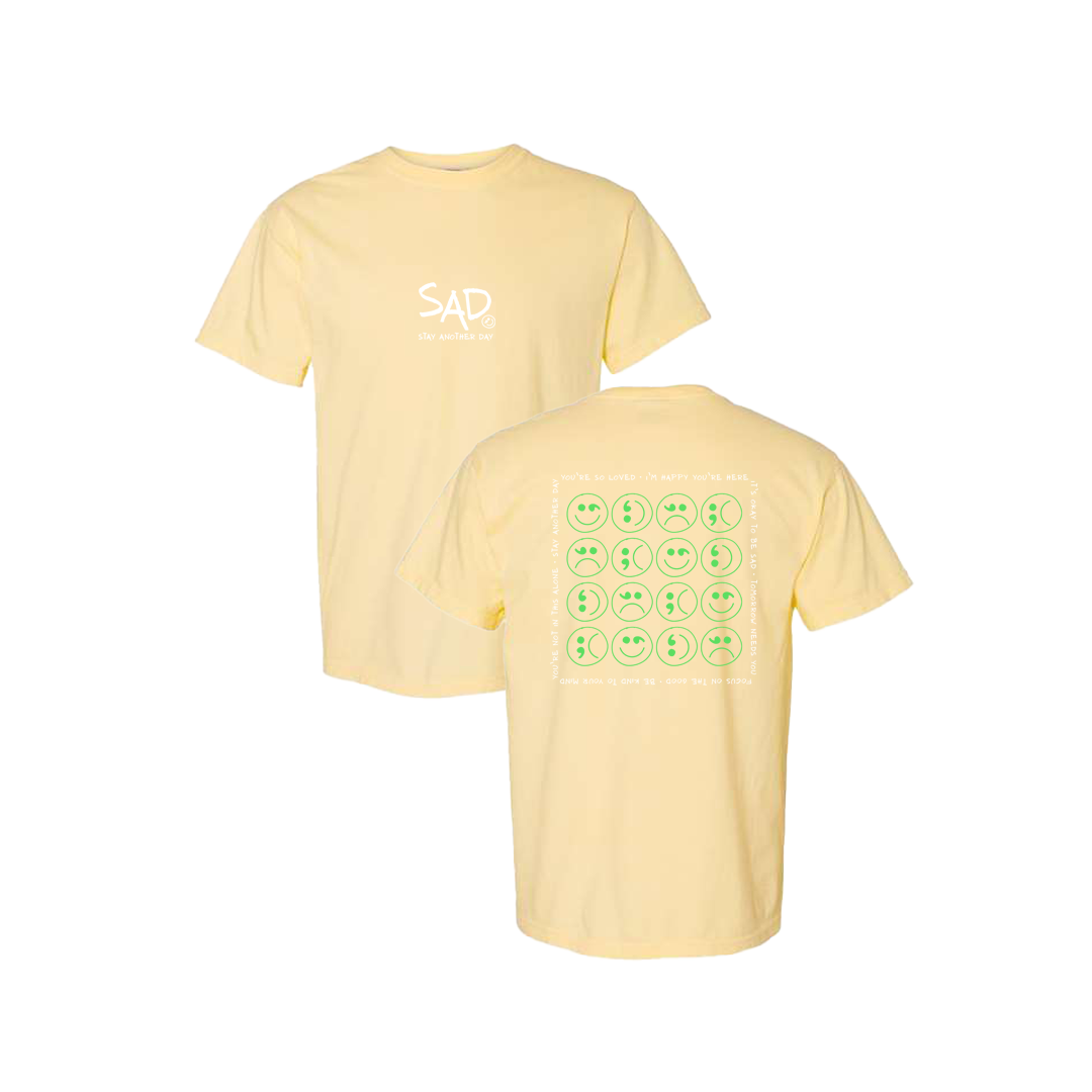 Multi Smiley Face Green Screen Printed Yellow T-shirt - Mental Health Awareness Clothing