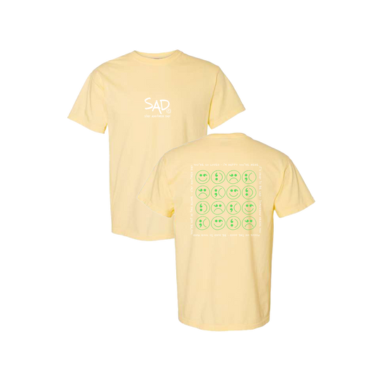 Multi Smiley Face Green Screen Printed Yellow T-shirt - Mental Health Awareness Clothing