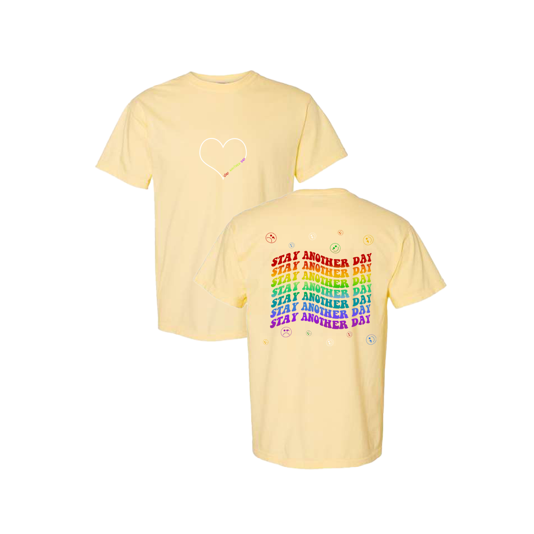 Stay Another Day Layered Rainbow Screen Printed Yellow T-shirt - Mental Health Awareness Clothing