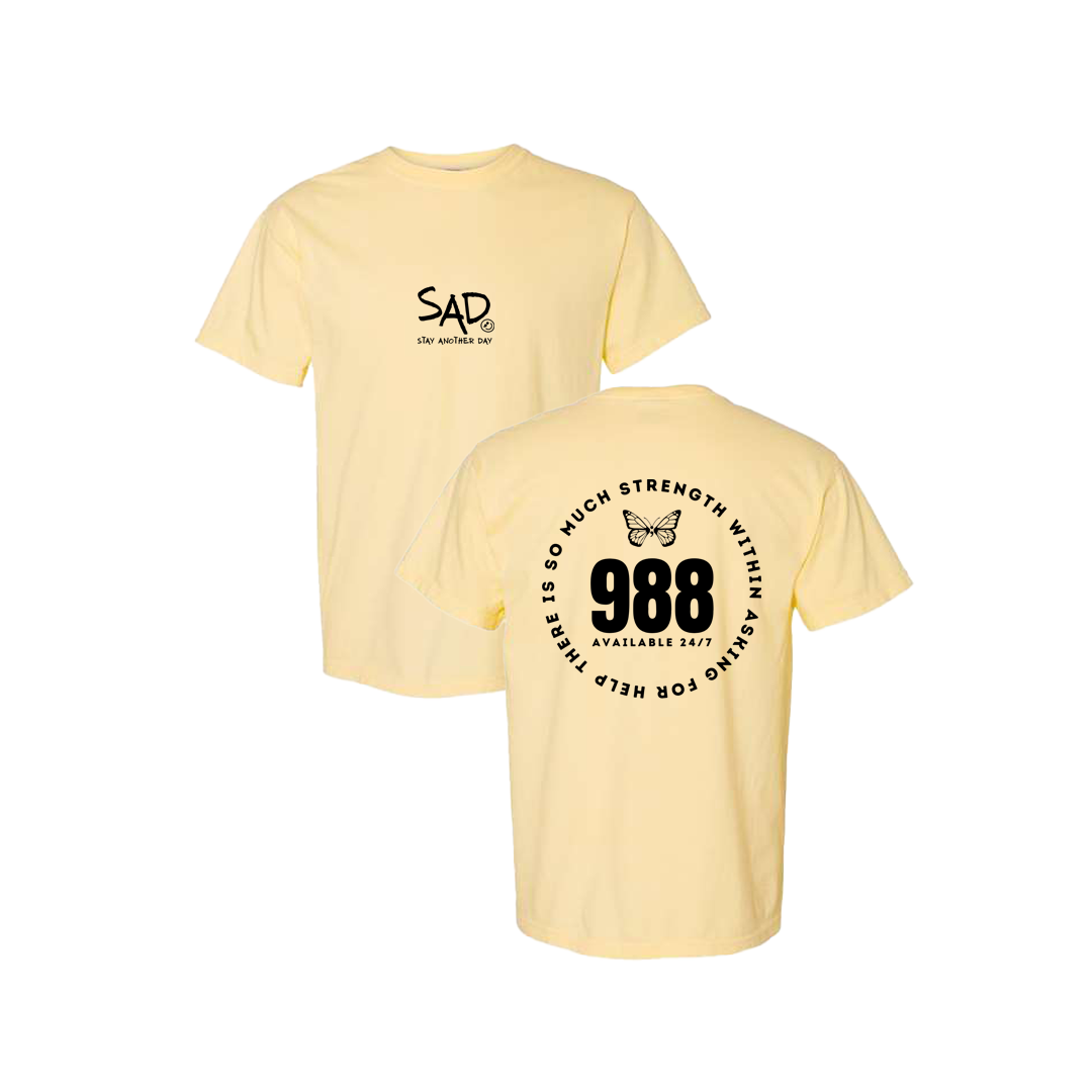 So Much Strength - Butterfly - 988 Screen Printed Yellow T-shirt - Mental Health Awareness Clothing