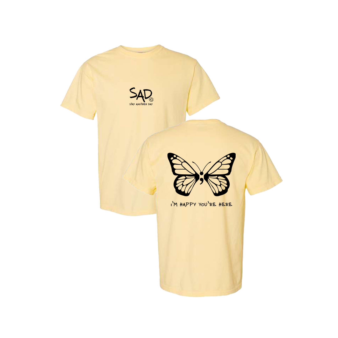 I'm Happy You're Here Butterfly Screen Printed Yellow T-shirt - Mental Health Awareness Clothing