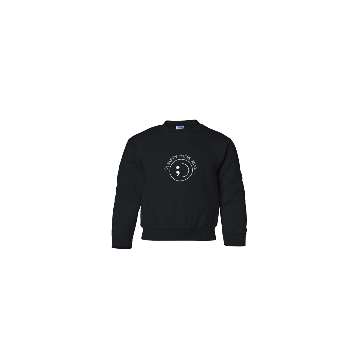 I'm Happy You're Here Embroidered Black Youth Crewneck
