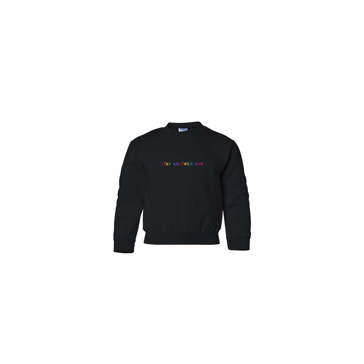 Stay Another Day Rainbow Embroidered Black Youth Crewneck