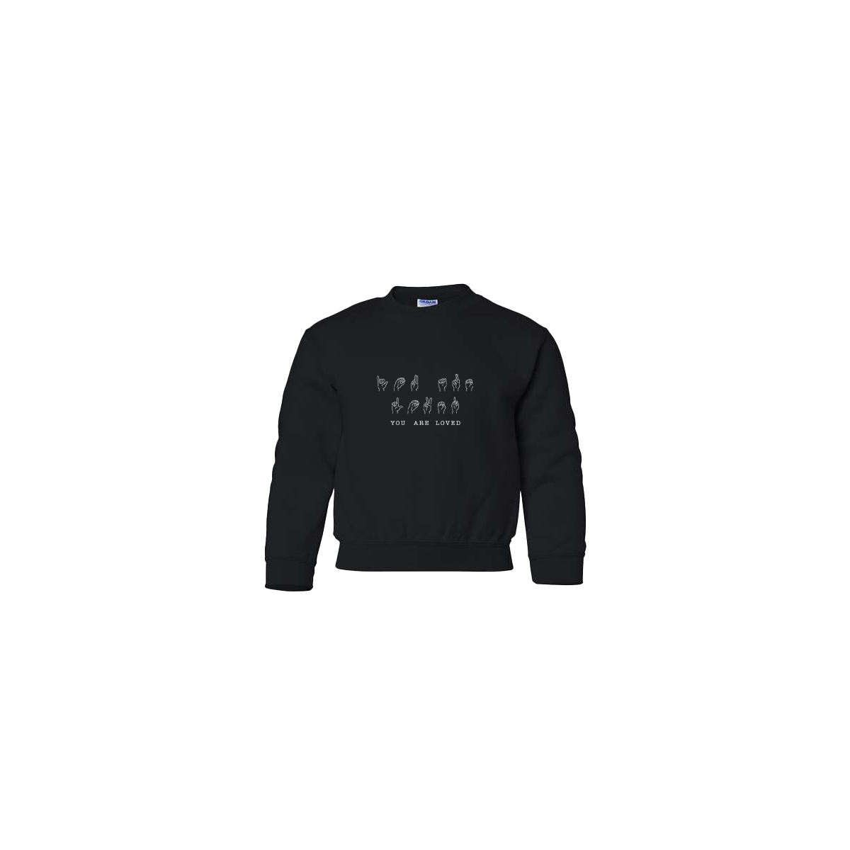 You Are Loved Sign Language Embroidered Black Youth Crewneck