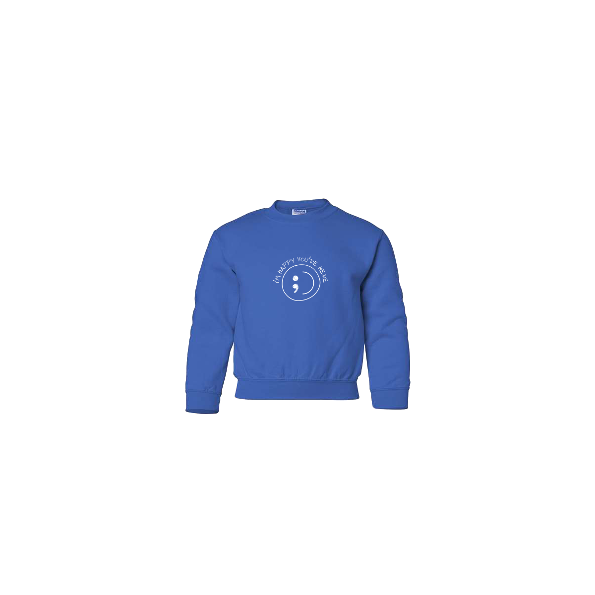 I'm Happy You're Here Embroidered Royal Blue Youth Crewneck