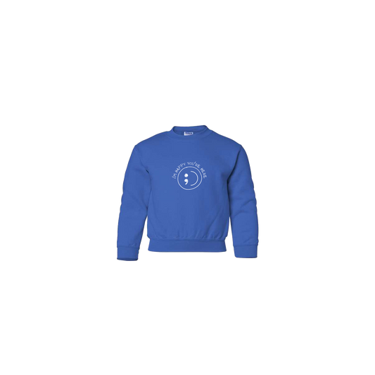 I'm Happy You're Here Embroidered Royal Blue Youth Crewneck