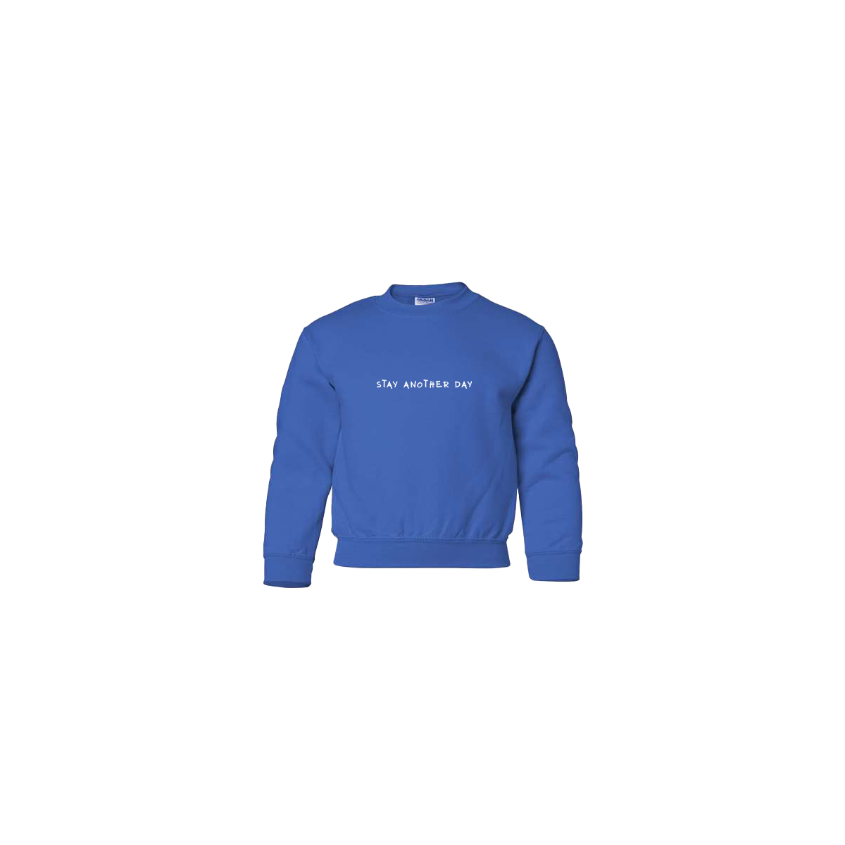 Stay Another Day Text Embroidered Royal Blue Youth Crewneck