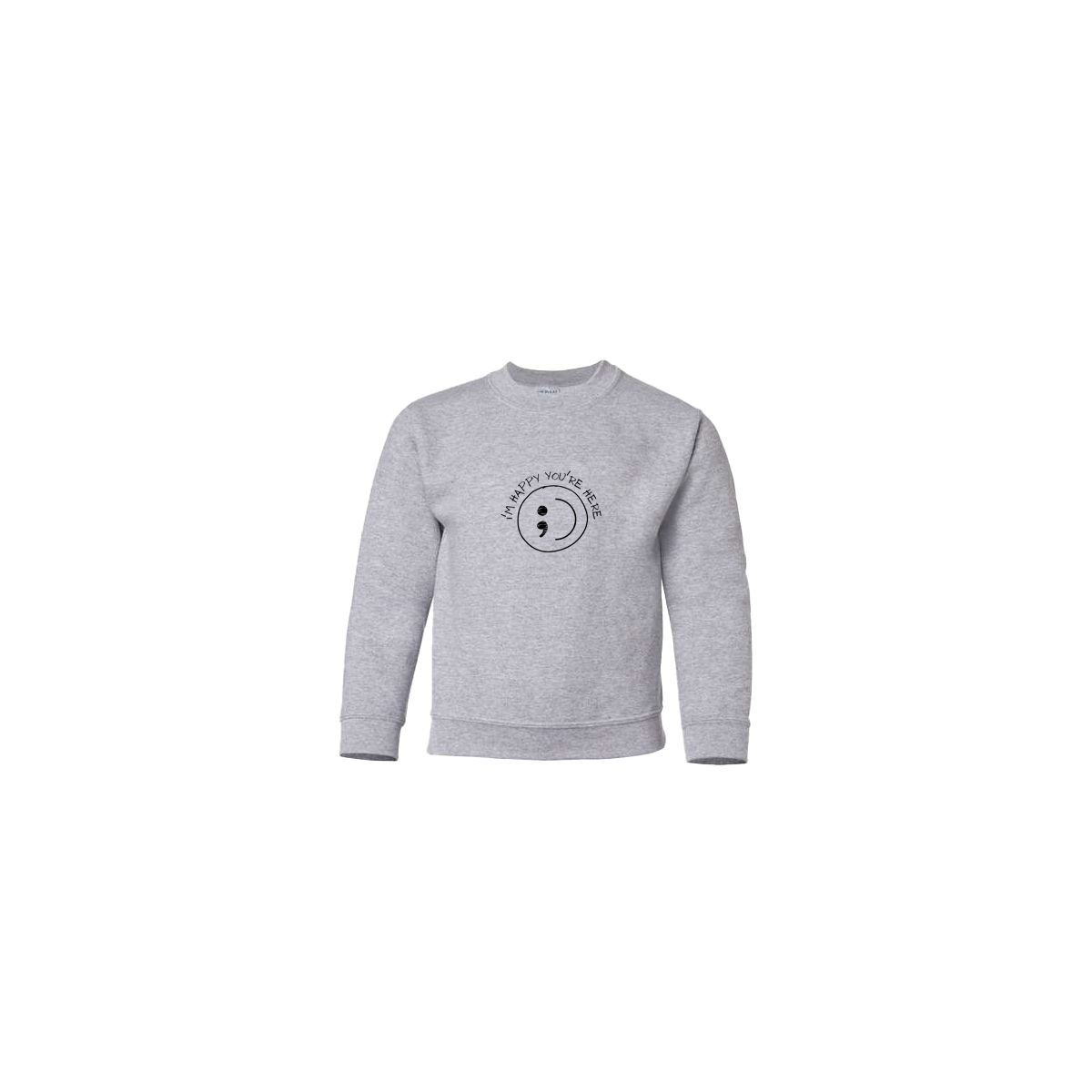 I'm Happy You're Here Embroidered Grey Youth Crewneck